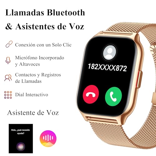 Popglory Reloj Inteligente Llamadas, 2,01″ Grande Pantalla, Asistente Voz, 100+ Deportes Smartwatch Mujer Hombre con Presión Arterial Ritmo Cardíaco Pulsometro, Alerta Whatsapp Regalo iOS Android