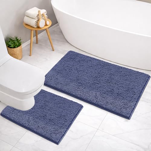 Image of LUXEHOME International Microfibre Chenille Contour Bath Mat Set for Bathroom, Anti Slip Super Absorbent Quick Dry Washable Bathroom Mats, Solid (Navy 45x75cm & 47x47cm) Pack of 2