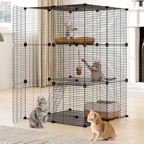 OtterOasis Cat Cages Indoor, 3 Tier Cat Enclosure, Cat Cage with Toy Ball for 2-3 Cats, DIY Cat Playpen Detachable Metal Wire Kennel for Ferret, Squirrel and Small Animals Cover