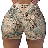Short d'entraînement imprimé taille haute : ce short athlétique imprimé carte du monde ancienne tachée pour femme dispose d'un design mince taille haute avec contrôle doux du ventre, restant stable pendant l'exercice. Tissu extensible et imprimé intégral allient praticité et look élégant.