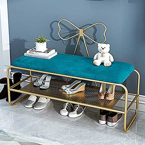 Banc à chaussures pour ranger l'entrée encombrée avec un tabouret velours bleu