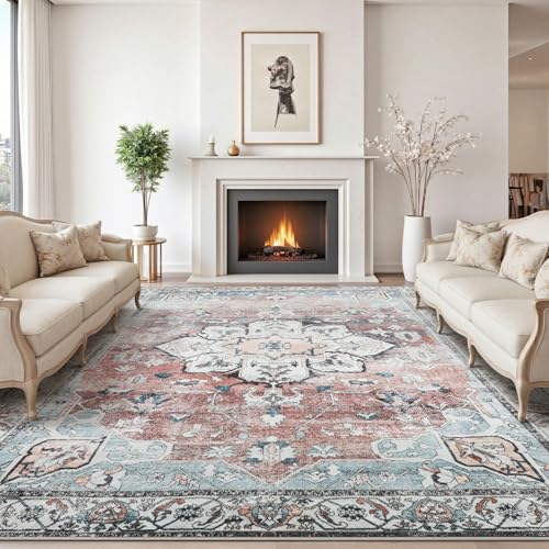 Sour Lemon Moderner Boho Vintage Teppich Wohnzimmer 160 x 230cm Waschbar Anti-Kunstwolle rutschfest Groß Weich KurzflorTeppich Klein Carpet für Schlafzimmer, Esszimmer, Teppiche Büro Rot