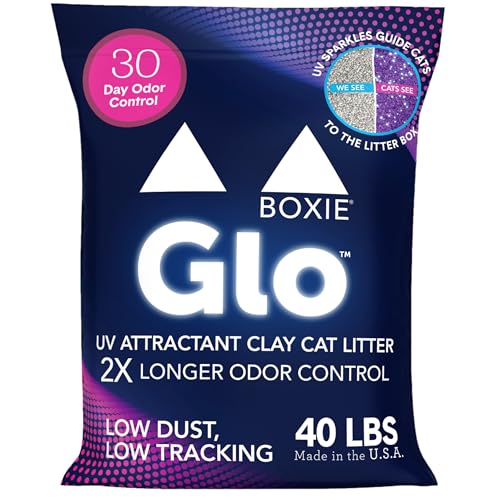 Boxie® GLO™ - Arena para Gatos de Arcilla aglutinante para 30 días, 40 Libras, Multi-Gato, 99.9% Libre de Polvo, bajo Seguimiento, atrayente de luz UV, aglutinante Superior para una fácil Recogida