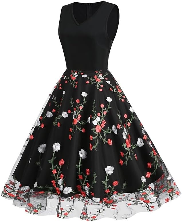 JSEIAJB Vintage V-Neck Embroidery Dress Slim Fit Polyester Sleeveless Mid-Waist Dress