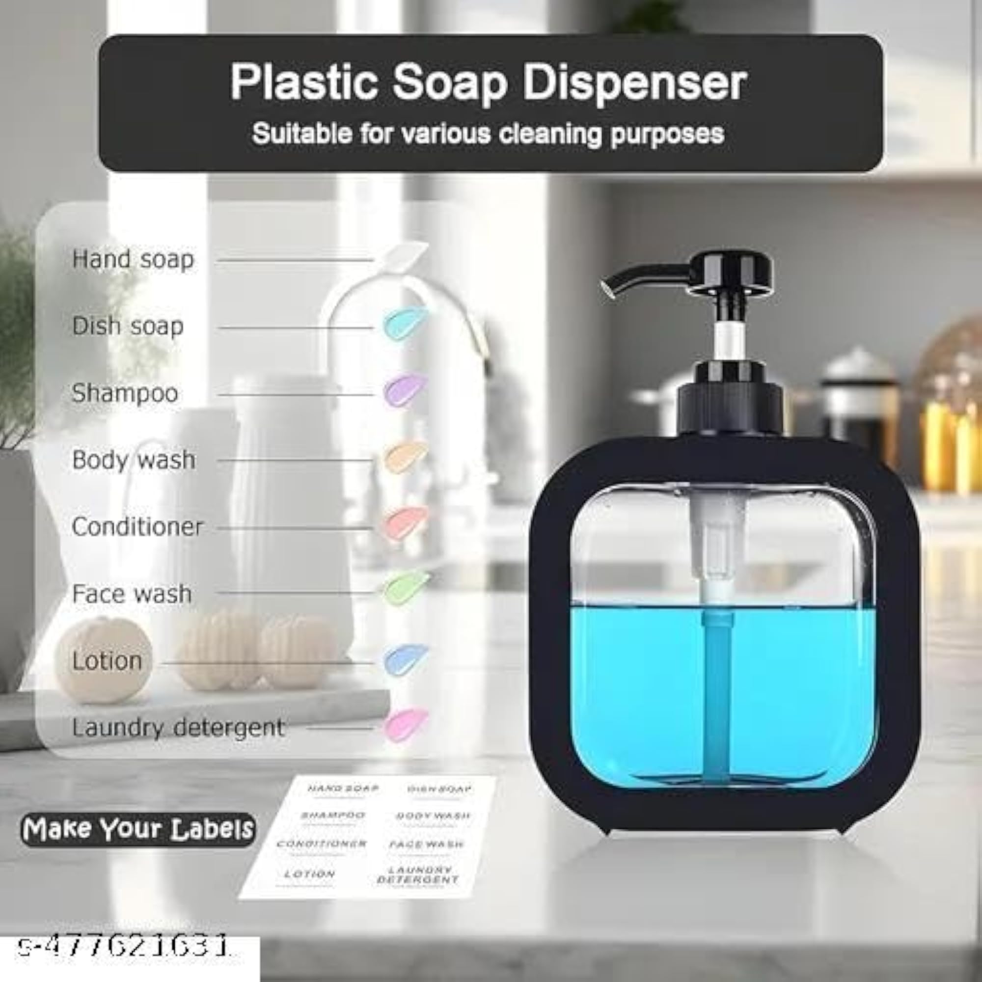 Black Plastic Refillable Liquid Dispenser for Kitchen and Bathroom