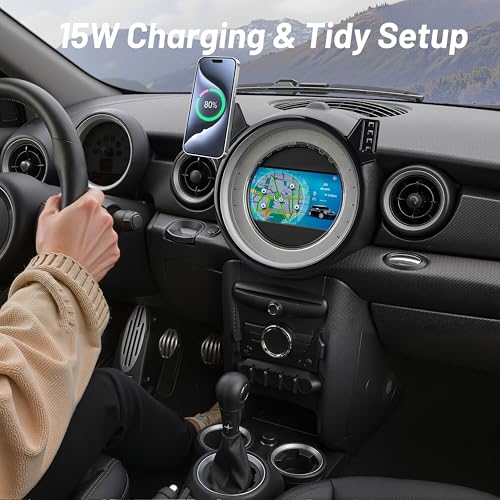 Image of Phone Mount for BMW Mini Cooper (2007-2013 R56, 08-14 R55, 09-15 R57, 12-15 R58 /R59), Magnetic iPhone Holder, Magsafe Car Mount Charger, 15W Wireless Car Charger, Hands Free & 360, Car Accessories