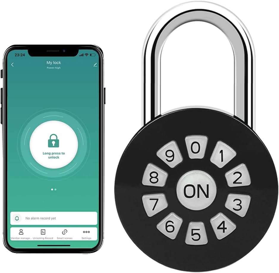 Ascenty OSJ Smart Padlock next to a smartphone displaying the unlock screen of the control app.