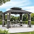 Modern Shade The Horizon Permanent Hardtop Gazebo 10' x 12' w/ 4 LED Lights, Outdoor Gazebo w/Galvanized Steel Double Roof, Patio Pavilion w/Decor Hooks, Mosquito Nettings, Black