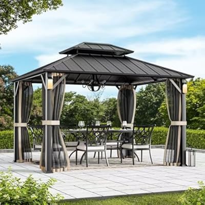 Modern Shade The Horizon Permanent Hardtop Gazebo 10' x 12' w/ 4 LED Lights, Outdoor Gazebo w/Galvanized Steel Double Roof, Patio Pavilion w/Decor Hooks, Mosquito Nettings, Black