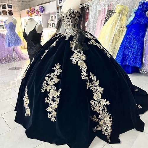 XYAYE Sparkly Velvet Quinceanera Dresses with Sleeves Gold Applique Strapless Lace Sweet 16 Dresses Puffy Beaded Ball Gown3
