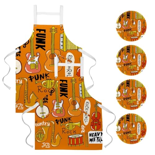 Lot de 2 tabliers de cuisine à motif instrument de musique multicolore taille unique avec broches