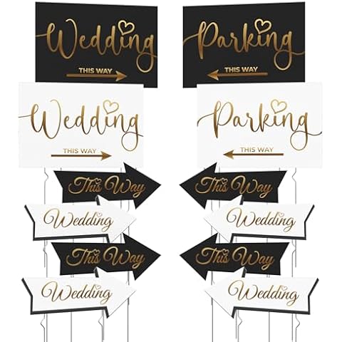 12 Pack Wedding This Way Sign for Guest, Wedding Parking Direction Signs, Parking Direction Arrow, Quick & Easy to Install, 8 Arrow & 4 Rectangle Boards with 24 Rods (Black & Gold) Cover
