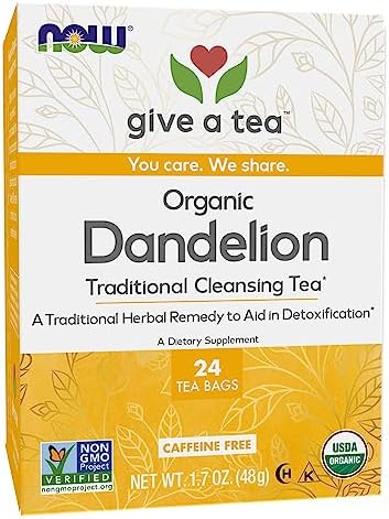 NOW Foods, Certified Organic Dandelion Traditional Cleansing Herbal Tea, Caffeine-Free, Non-GMO, Premium Unbleached Tea Bags with No-Staples Design, 24-Count