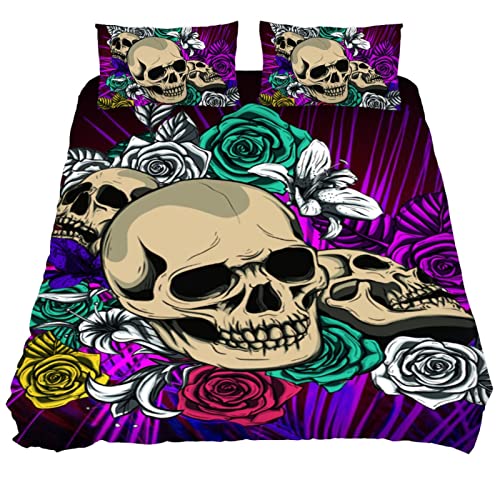 Juego de funda de edredón de 3 piezas, tamaño matrimonial, diseño de calavera y rosas en 3D, juego de funda de edredón con funda de almohada para niños, adolescentes y niñas, tamaño California King,