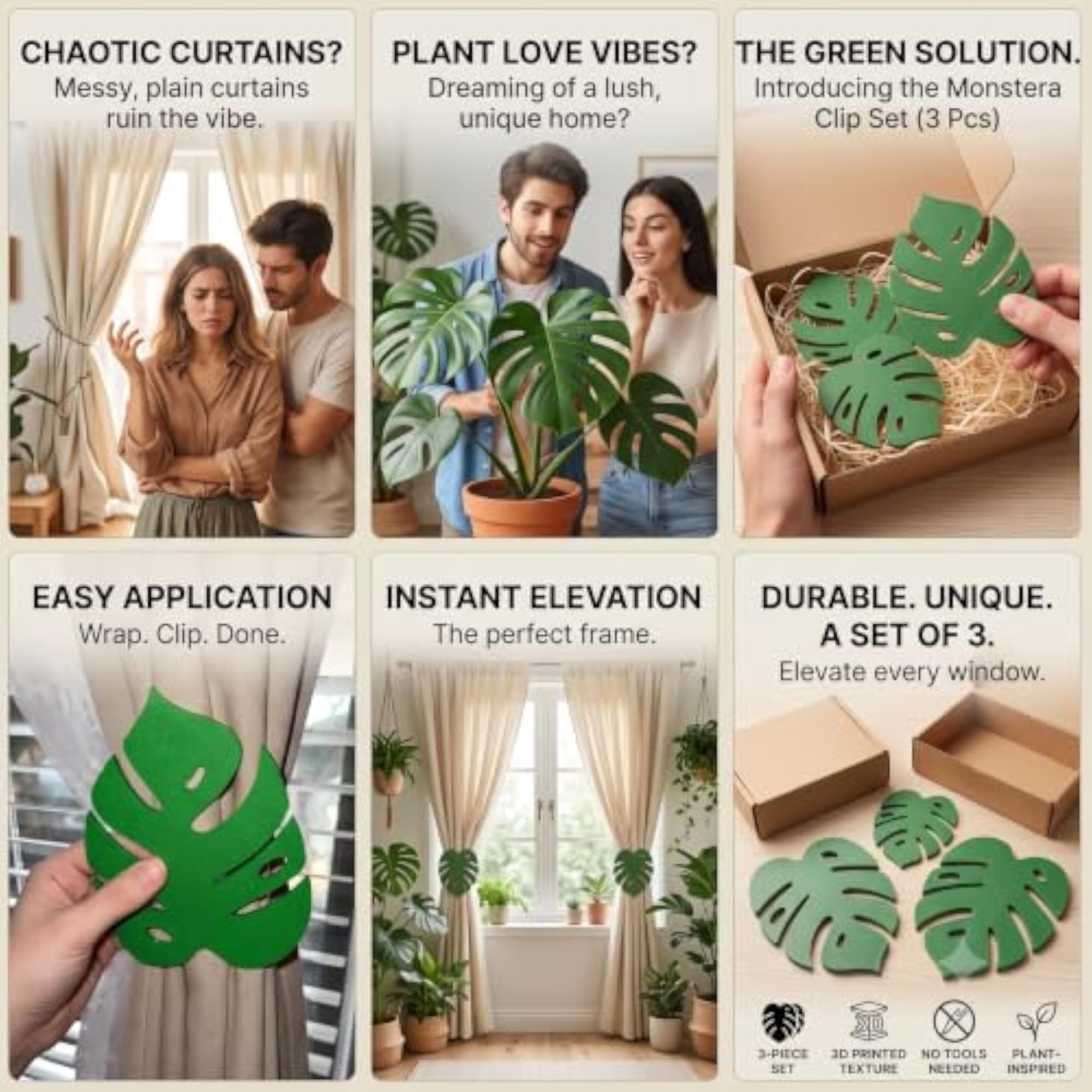 Monstera Leaf Curtain Clips Set of 3, Green