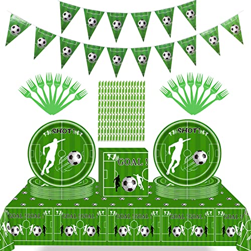GeeRic Ensemble de Fournitures de fête de Football, décoration de Football Assiettes jetables Tasses Serviettes Nappe Paille Fourchette Bannière (16 invités) Cover