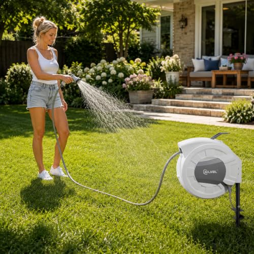 Image of SILVEL Automatic Retractable Garden Hose Reel on Metal Spike, 5 /8 in x 65ft Ground Mounted Outside, UV Resistant with 10 Pattern Nozzle, 360 Swivel, No Holes in Your House, Easy Installation
