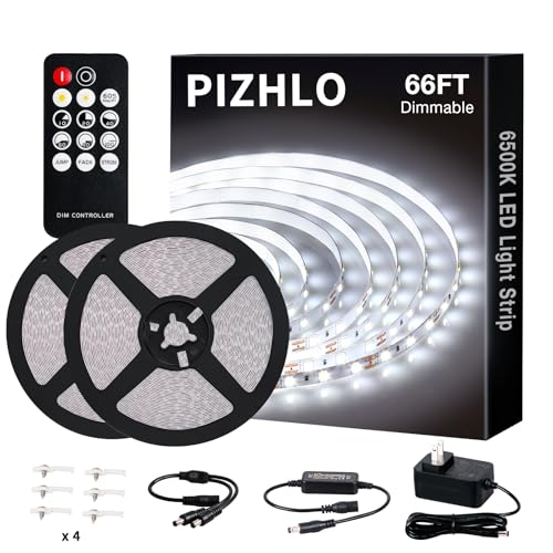 PIZHLO White LED Strip Lights, Upgraded 66ft Dimmable Light Strip with Remote 6500K Bright White Light, 1200 LEDs Flexible Lights with Strong Adhesive for Bedroom, Mirror, Kitchen Under Cabinet Decor