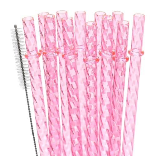 Dakoufish 12 Inch Reusable Clear Plastic Swirl Drinking Straws for 30 oz & 40 oz Jars/Tumblers,Set of 12 Pcs Replacement Crystal Pink Straws with Cleaning Brush (12inch,Pink)