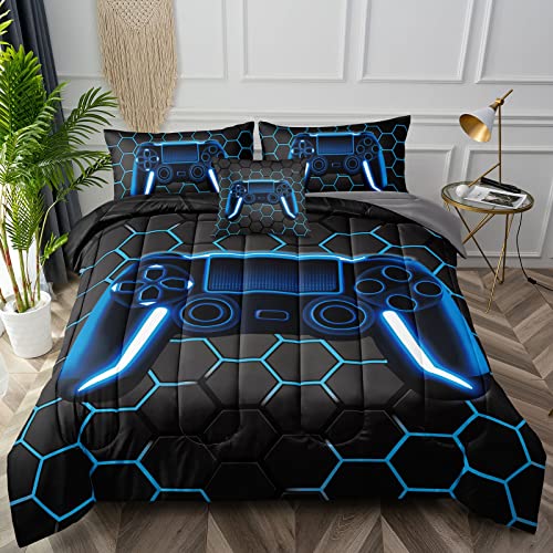 Bducok 6 Piece Gamer Comforter Sets Bed In A Bag For Boys Teen Kids,Honeycomb Gaming Bedding Sets Gamepad Comforter Microfiber Bed Set For All Season Gamer Home Decor(Green, 6 Piece Sets30022-Full) #TOP1