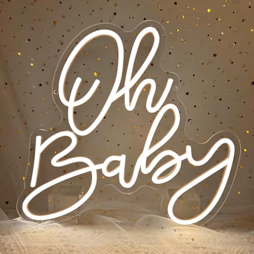 Oh Baby Neon Sign Baby Shower LED Neon Light for Party Wall Decor Light Up Sign for Gender Reveal Birthday Party Decorations Warm White Dimmable USB Powered(14.2*12.9)