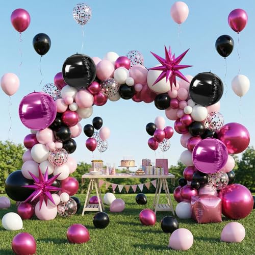 Image of 6pcs 22 Inch Hot Pink Black Star Balloons And 4d Large Foil Balloons, Hot Pink Foil Star Spike Balloon Black 4d Ball Balloon For Girls Women Birthday Baby Shower Party Wedding Anniversary Decorations