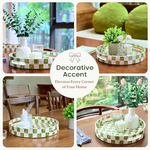 CHI AN HOME 12.6" Round Decorative Tray with Handles, Checkered Capiz Mother of Pearl Serving Tray for Coffee Table, Kitchen Counter, or Bathroom (Pistachio Green and White) by Chi An Home - Image 6