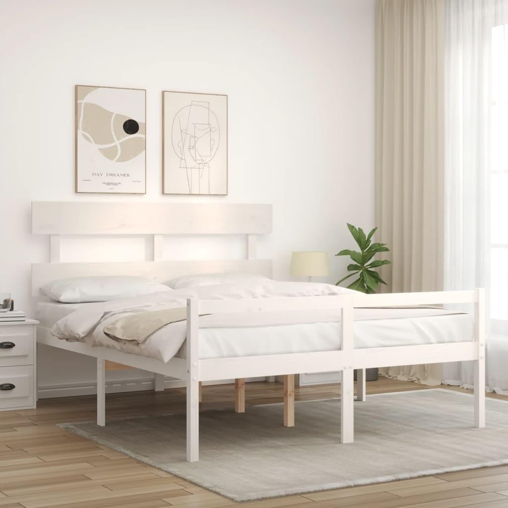 Seniorenbett 160x200 cm Weiß, Holzbett Massivholz Kiefer mit Kopfteil, Ehebett Doppelbett mit 45 cm Sitzhöhe Komfortbett Seniorengerecht