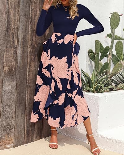Image of BTFBM Womens Floral Maxi Dress Fall 2025 Casual Crewneck Long Sleeve Ruffle Flowy Cocktail Wedding Guest Dresses