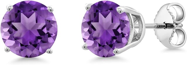 Gem Stone King 925 Sterling Silver Purple Amethyst Stud Earrings For Women (2.40 Cttw, Gemstone Birthstone, Round 7MM), Metal Gemstone, Amethyst