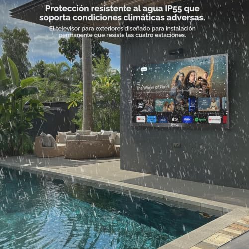 SYLVOX Outdoor TV 43 Pulgadas, 4K UHD QLED TV para Exteriores, 2000 Nits Google TV, Dolby Atmos, DVB-C/T2/S2, HEVC, IP55 Televisor de Exterior Resistente al Aguapara Jardín, Terraza, Piscina y Locales