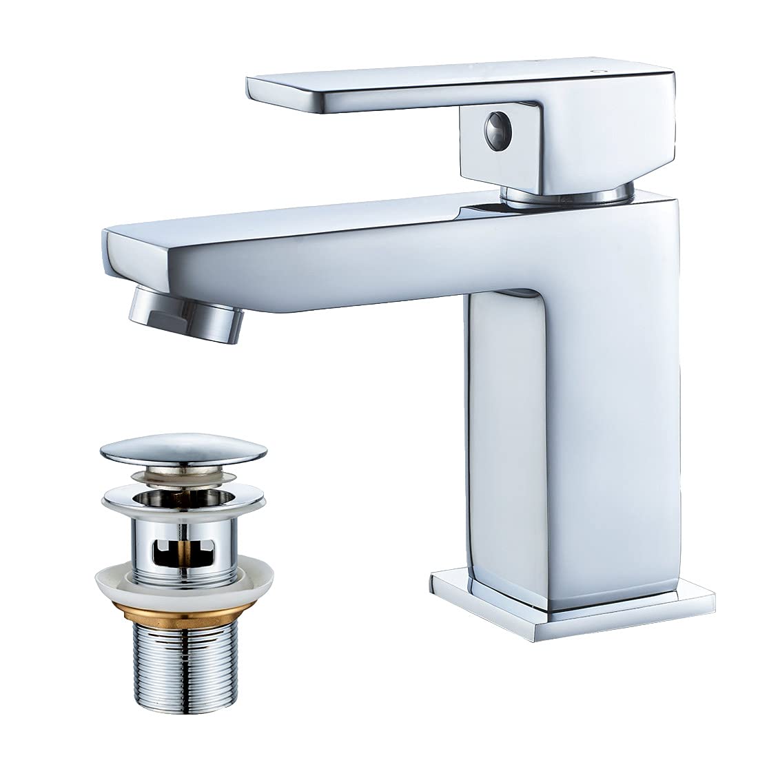 SOHNVWTGD Basin Mixer Tap with Pop up Waste,Washroom Square Single Lever Chrome Brass Mixer Tap