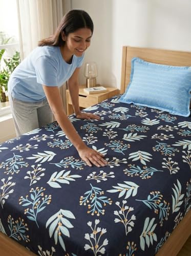 Image of Mafatlal Luxe Printed Single Bed Sheet | Elegant Design | Comfortable Cotton Blend Fabric with 1 Pillow Cover |120 GSM | 60x90 Inch (Dark Blue) | Soft, Durable, Ideal for Bedroom Decoration