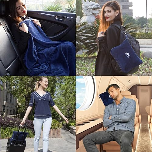 Image of BlueHills Premium Soft Travel Blanket Pillow Airplane Blanket Packed in Soft Bag Pillowcase with Hand Luggage Belt and Backpack Clip, Compact Pack Large Blanket for Any Travel (Navy Blue T002)