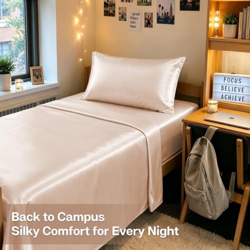 Image of MR&HM Satin Bed Sheets, Twin XL Size Sheets Set, 3 Pcs Silky Bedding Set with 15 Inches Deep Pocket for Mattress (Twin XL, Champagne)