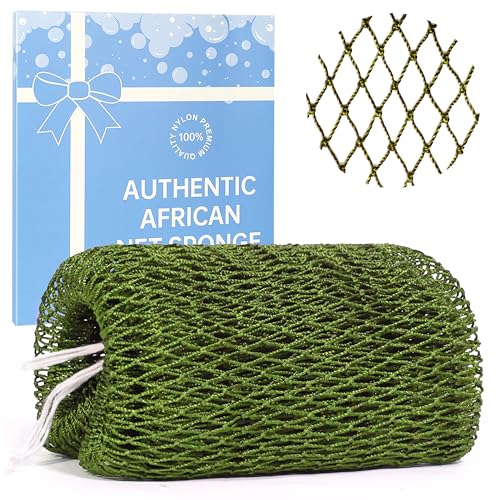 MuiiuM African Net Sponge Authentic with Knots Colourfast Exfoliating Bath Sponge Strong Mesh Body and Back Scrubber Quick Dry Shower Net 30+ Colours for Women Men(Green)