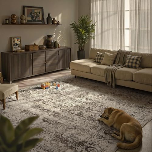 Lahome Beige Washable Rugs for Living Room 8 x 10 Large Living Room Rug Indoor Carpet,Boho Vintage Distressed Non-Slip Low-Pile Accent Bedroom Carpet for Dining Room Office Playroom(8x10,Bei