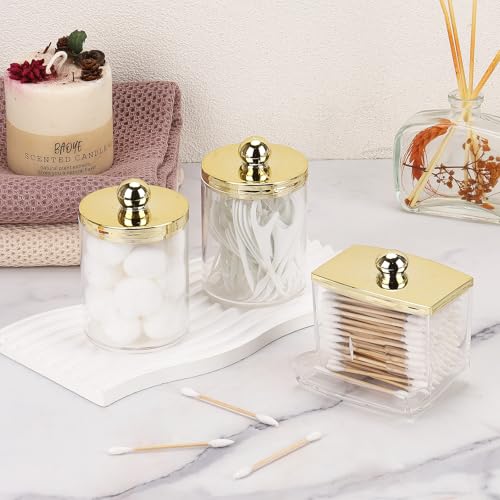 Image of Tbestmax 10oz Cotton Ball Holder 7oz Qtips Dispenser, Bathroom Container Organizer for Storage Cotton Swabs, Pads - Apothecary Jar with Gold Lids