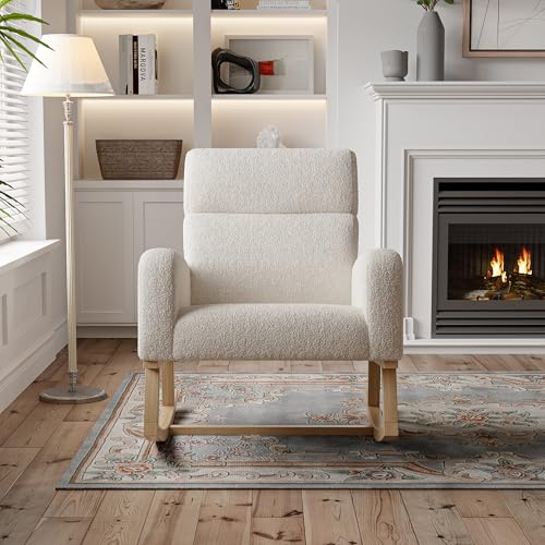 Mecedora de felpa, mecedora con bolsillos en los reposabrazos, asiento ancho, pies antideslizantes, cómoda silla de relax para salón, habitación infantil o dormitorio (beige/gris claro)