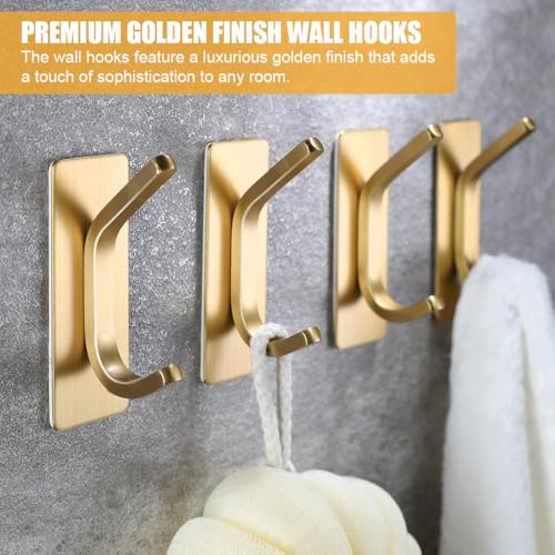 Image of HASTHIP 4 Pcs Stainless Steel Wall Hooks, Golden Twin-Prong Adhesive Mount