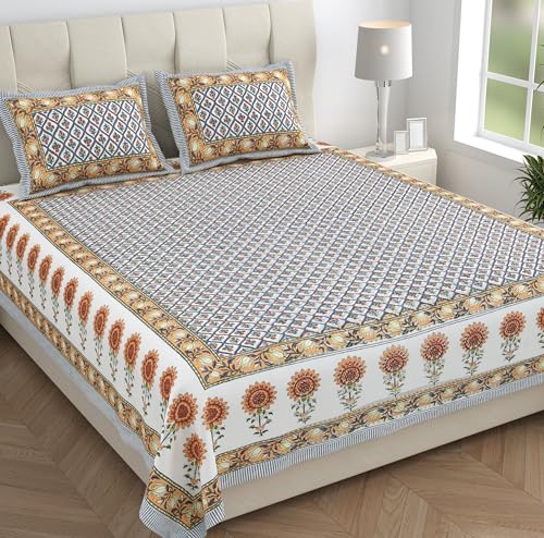 Image of elanorhomes 100% Cotton King Size Bedsheet for Double Bed, 240 TC Soft Breathable Floral Printed Bed Sheet with 2 Pillow Covers, Premium Summer Cotton Bedsheet, 90x108 inch (Sunset Motif)