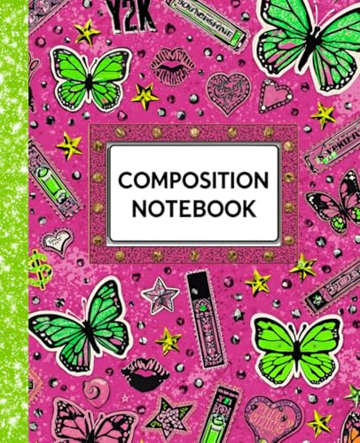 Hot Pink & Lime Green Y2K Aesthetic McBling Composition Notebook with Butterflies: Super Cute Girly Wide Ruled Journal for Teens & Girls