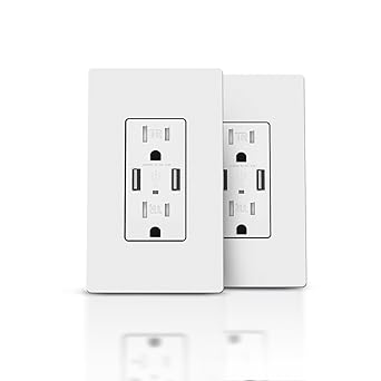 TOPELER 2Pack USB Wall Outlet, Receptacle Outlet with 4.8A Charging Capacity, 15A Tamper Resistant Electrical Socket, Screwless Wall Plate Included, UL & FCC Approved, White