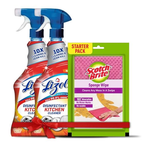 Lizol 450ml (Pack of 2) + Free Scotch Brite-Sponge Wipe, Kitchen Cleaner Spray | Suitable for all Kitchen Surfaces, Gas Stove, Countertop, Tiles, Chimney and Sink | Kills 99.9% germs Lizol 450ml (Pack of 2) + Free Scotch Brite-Sponge Wipe, Kitchen Cleaner Spray | Suitable for all Kitchen Surfaces, Gas Stove, Countertop, Tiles, Chimney and Sink | Kills 99.9% germs