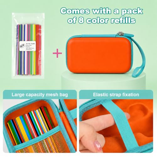 Image of ANKHOH 3D Printing Pen Case for 3Doodler Start+, 72 Pen Refills Included | Hard shell storage with grooved base, mesh pocket and hand strap for school or travel; 3D pen not included, Orange