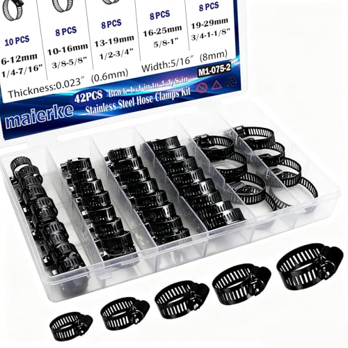 42PCS Black Stainless Steel Hose Clamps Assortment Kit,Metal Adjustable 1/4''–1-1/8''(6-29mm) Worm Gear Hose Clamp Small Hose Clamps for Automotive,Radiator Pipe,Plumbing,Fuel Line