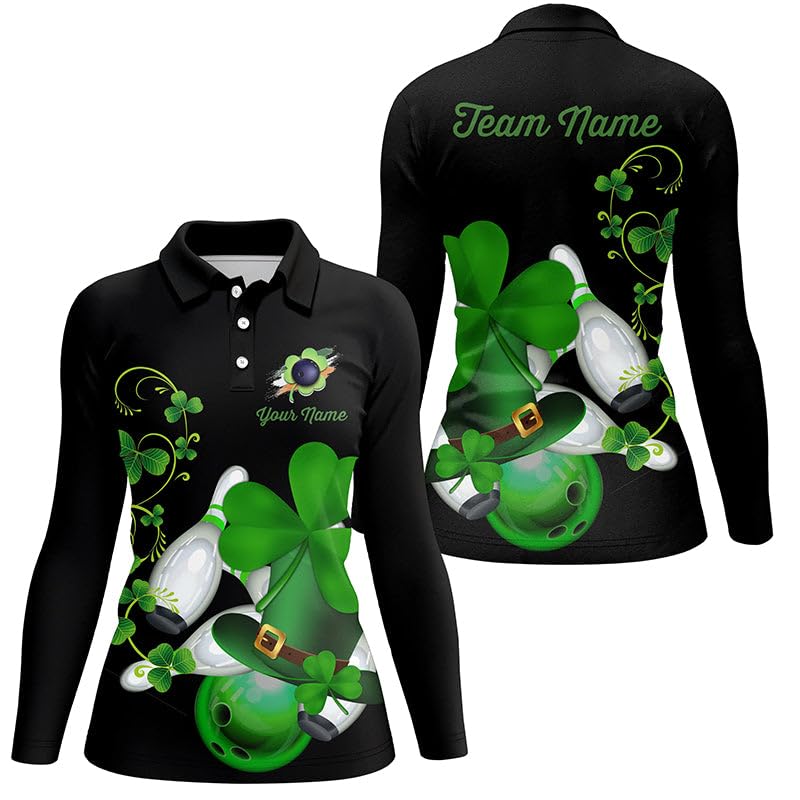 Herren & Damen Bowling Shirt mit Viertelreißverschluss, Grünes Kleeblatt Design, Individuell Gestaltetes Schwarzes Team Jersey für St. Patrick's Day N7195