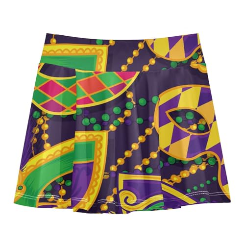 Aflyko Girls Pleated Skater Skirt Masquerade Beaded Necklace High Waist Cheerleading Dress Dance Skort with Lining Shorts Weekend Date Outfit Short Bottoms, 9-10T Multicoloured