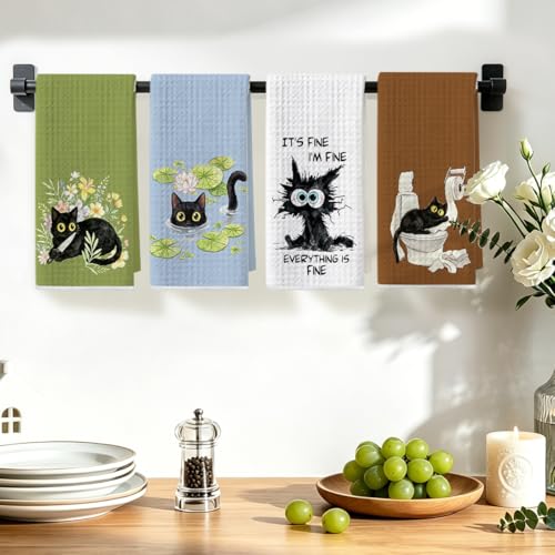 Image of 4 Pcs Funny Black Cat Kitchen Towels 24x14 Inch, Cats Gifts Reusable Dish Towels for Kitchen Bathroom Home Decor, Waffle Weave Absorbent Hand Cloth Tea Towel, Cute Cat Lover Gifts for Women Mom Friend