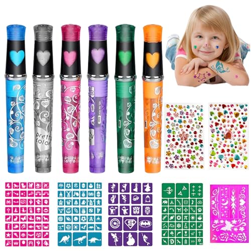 Kit de pintura facial con purpurina, 6 rotuladores con purpurina de colores con 5 plantillas para pintura facial y 2 pegatinas de gemas, kit de rotuladores brillantes para pintura corporal